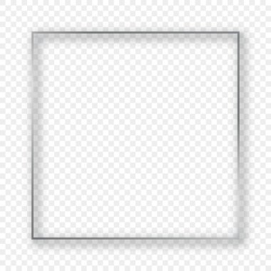 Şeffaf arkaplanda gölgesi olan gümüş parlayan kare çerçeve. Parlak efektli parlak bir çerçeve. Vektör illüstrasyonu.