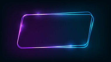 Neon çift yuvarlak paralel kenar çerçeve üzerinde parlak efektler olan koyu arkaplan. Boş parlayan tekno fon. Vektör illüstrasyonu.