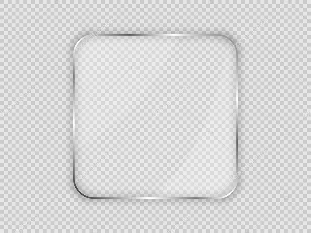 Glass plate in rounded square frame isolated on transparent background. Vector illustration.