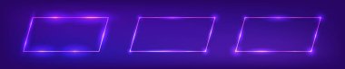 Koyu arkaplanda parlak efektlerle üç neon dikdörtgen çerçeve seti. Boş parlayan tekno fon. Vektör illüstrasyonu.