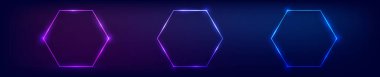 Üç tane neon altıgen çerçeve seti ve karanlık arka planda parlak efektler. Boş parlayan tekno fon. Vektör illüstrasyonu.