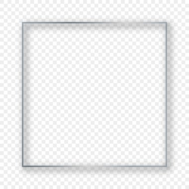Şeffaf arkaplanda gölgesi olan gümüş parlayan kare çerçeve. Parlak efektli parlak bir çerçeve. Vektör illüstrasyonu.