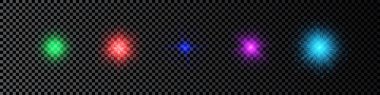 Lens fişeklerinin ışık etkisi. Koyu şeffaf arkaplanda parıldayan beş adet çok renkli ışık patlaması efekti. Vektör illüstrasyonu