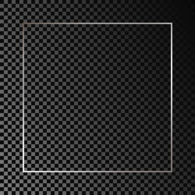 Koyu şeffaf arkaplanda gümüş parıldayan kare çerçeve izole edilmiş. Parlak efektli parlak bir çerçeve. Vektör illüstrasyonu.