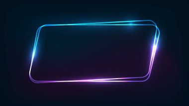 Neon çift yuvarlak paralel kenar çerçeve üzerinde parlak efektler olan koyu arkaplan. Boş parlayan tekno fon. Vektör illüstrasyonu.