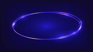 Karanlık arka planda parlak efektleri olan neon çift oval çerçeve. Boş parlayan tekno fon. Vektör illüstrasyonu.
