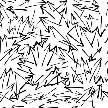 Kusursuz desenli, siyah elli, beyaz arka planda çizilmiş oklar. Soyut grunge dokusu. Vektör illüstrasyonu