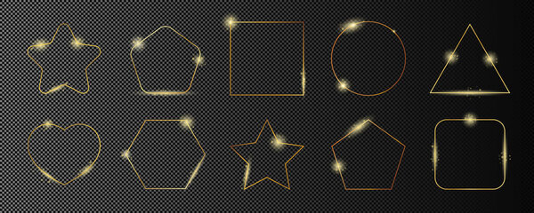 Set of ten gold glowing different geometric shape frames isolated on dark transparent background. Shiny frame with glowing effects. Vector illustration.