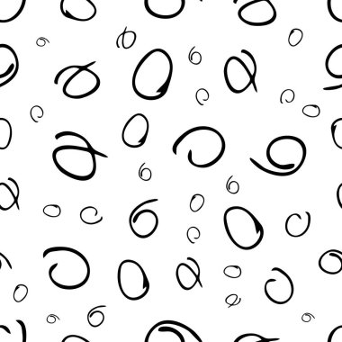 Siyah çizim eli beyaz arka planda yuvarlak kıvrımlı şekilli kusursuz desen. Soyut grunge dokusu. Vektör illüstrasyonu