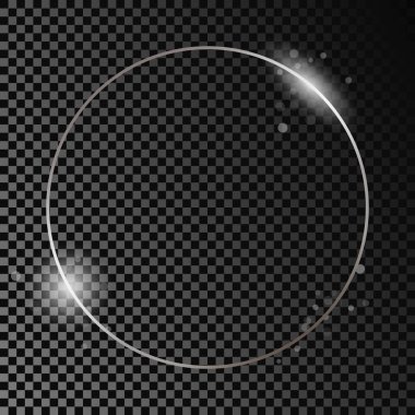 Koyu şeffaf arka planda izole edilmiş gümüş parıldayan daire çerçevesi. Parlak efektli parlak bir çerçeve. Vektör illüstrasyonu