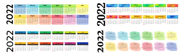 Набор Четырех Горизонтальных Календарей 2022 Год Изолирован Белом Фоне Воскресенья — стоковый вектор