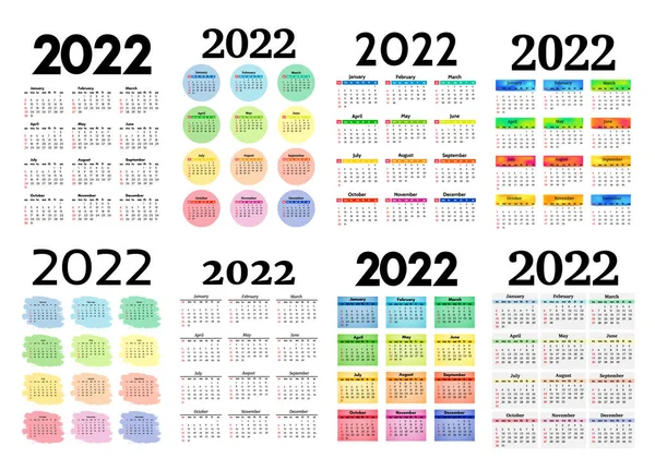 一组八套2022年垂直日历 在白色背景上隔离 周日到周一 业务模板 矢量说明 — 图库矢量图片