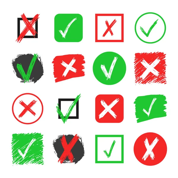 一组16个手绘核对和交叉符号元素隔离在白色背景上 在不同的图标中 Grunge Doodle Green Check Mark Ok和Red X在不同的图标中 矢量说明 — 图库矢量图片
