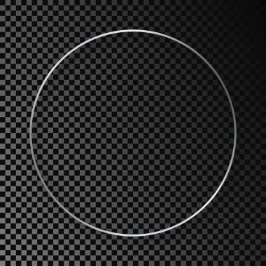 Koyu şeffaf arka planda gölgesi olan gümüş parlayan daire çerçeve. Parlak efektli parlak bir çerçeve. Vektör illüstrasyonu