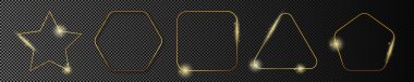 Beş altın parlayan farklı geometrik çerçeve seti koyu şeffaf arkaplanda izole edildi. Parlak efektli parlak bir çerçeve. Vektör illüstrasyonu
