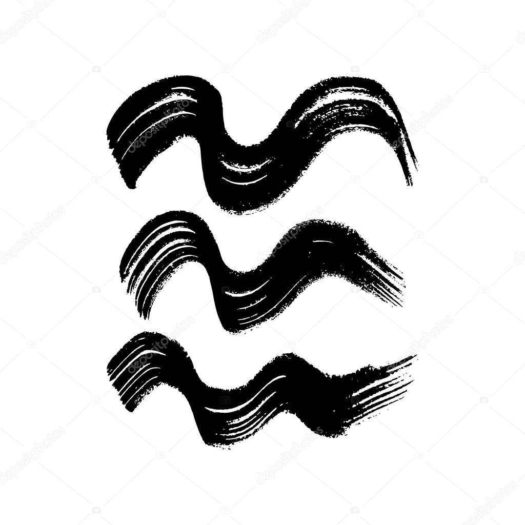 Black wavy grunge brush strokes. Set of three painted ink stripes. Ink spot isolated on white background. Vector illustration