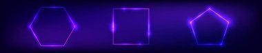 Koyu arkaplanda parlak efekt olan üç neon çerçeve seti. Boş parlayan tekno fon. Vektör illüstrasyonu