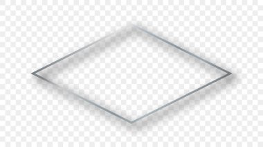 Şeffaf arkaplanda gölgesi olan gümüş parıldayan eşkenar dörtgen şekilli bir çerçeve. Parlak efektli parlak bir çerçeve. Vektör illüstrasyonu