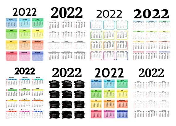 一组八套2022年垂直日历 在白色背景上隔离 周日到周一 业务模板 矢量说明 — 图库矢量图片