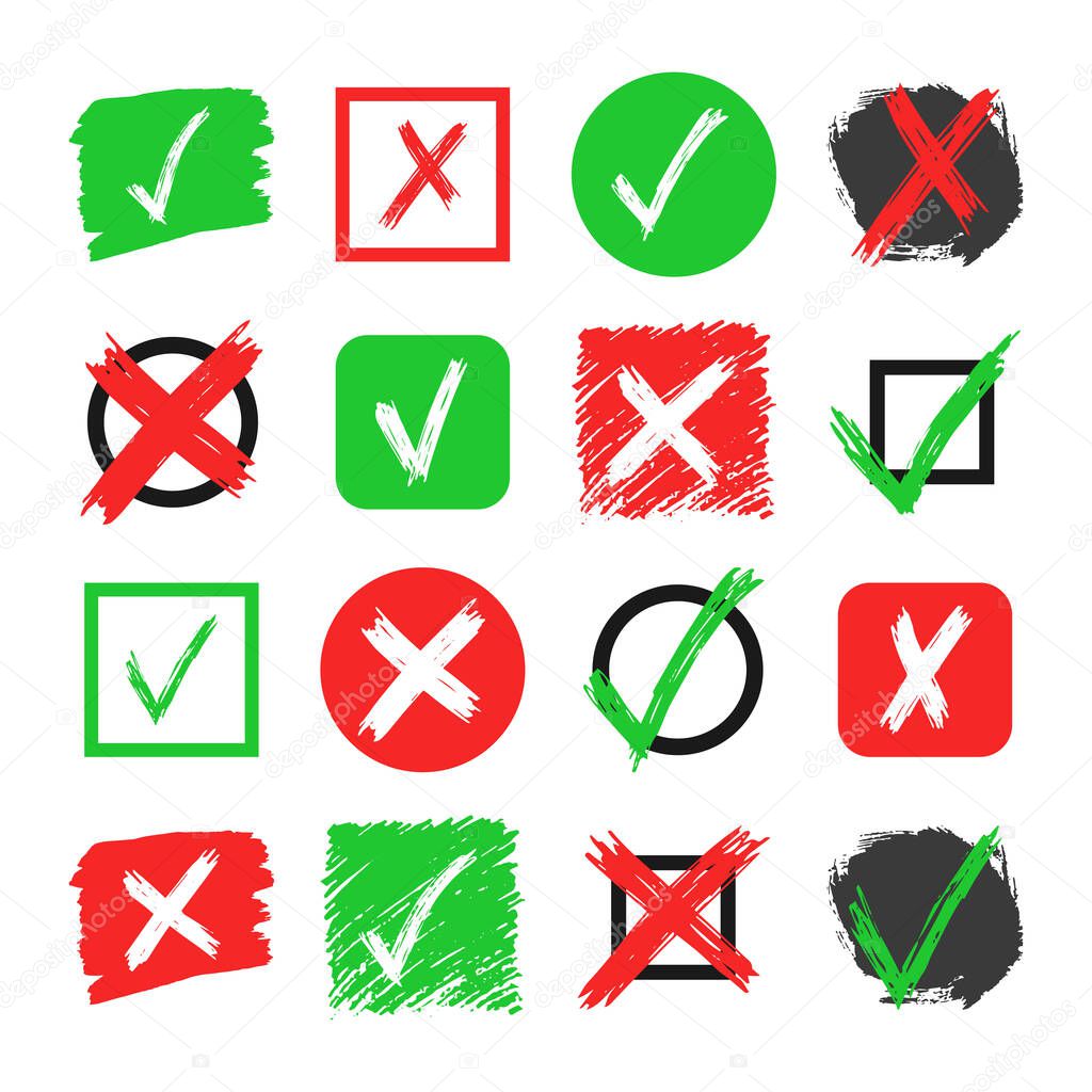 Set of sixteen hand drawn check and cross sign elements isolated on white background. Grunge doodle green checkmark OK and red X in different icons. Vector illustration