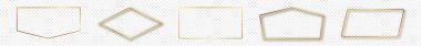 Şeffaf arkaplanda izole edilmiş, farklı geometrik şekillerde parlayan beş altın küme. Parlak efektli parlak bir çerçeve. Vektör illüstrasyonu