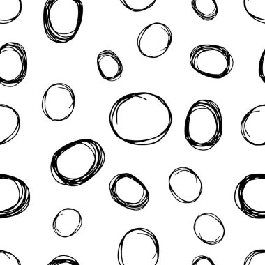 Kusursuz desenli, el çizimi, beyaz zemin üzerine çizilmiş karalama çemberleri. Soyut grunge dokusu. Vektör illüstrasyonu