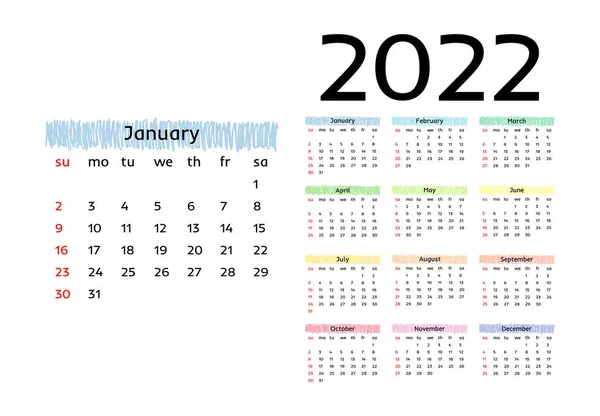 Calendario Para 2022 Con Gran Enero Aislado Sobre Fondo Blanco — Vector de stock