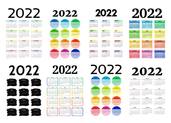 一组八套2022年垂直日历 在白色背景上隔离 周日到周一 业务模板 矢量说明 — 图库矢量图片