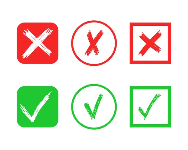 一组6个手绘止回阀和交叉符号元素隔离在白色背景上 在不同的图标中 Grunge Doodle Green Check Mark Ok和Red X在不同的图标中 矢量说明 — 图库矢量图片