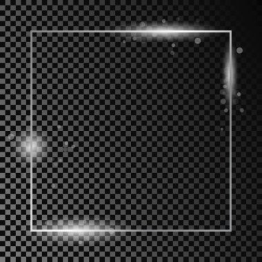Koyu şeffaf arka planda izole edilmiş gümüş parıltılı kare çerçeve. Parlak efektli parlak bir çerçeve. Vektör illüstrasyonu