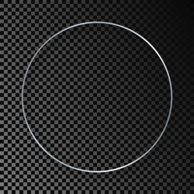 Koyu şeffaf arka planda gölgesi olan gümüş parlayan daire çerçeve. Parlak efektli parlak bir çerçeve. Vektör illüstrasyonu