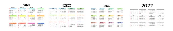 Set Quattro Calendari 2022 Isolati Sfondo Bianco Domenica Lunedì Modello — Vettoriale Stock