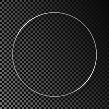 Koyu şeffaf arka planda gölgesi olan gümüş parlayan daire çerçeve. Parlak efektli parlak bir çerçeve. Vektör illüstrasyonu