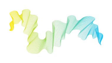 Beyaz zemin üzerinde yeşil ve mavi dalga gradyan çizgileri olan soyut arkaplan. Modern teknoloji arka planı, dalga tasarımı. Vektör illüstrasyonu