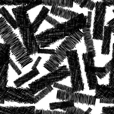 Beyaz arka planda soyut şekillerde siyah kalem fırça darbeleriyle kusursuz desen. Vektör illüstrasyonu