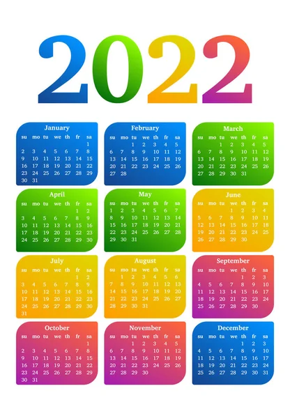 Calendario Para 2022 Aislado Sobre Fondo Blanco Domingo Lunes Plantilla — Archivo Imágenes Vectoriales