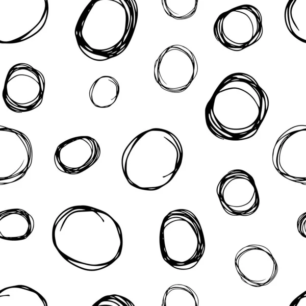 Kusursuz desenli, el çizimi, beyaz zemin üzerine çizilmiş karalama çemberleri. Soyut grunge dokusu. Vektör illüstrasyonu