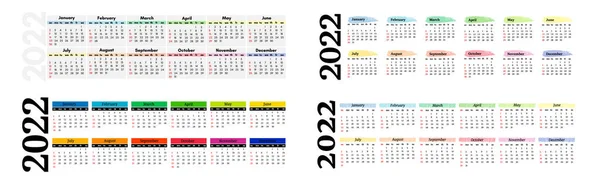 Set Quattro Calendari Orizzontali 2022 Isolati Sfondo Bianco Domenica Lunedì — Vettoriale Stock