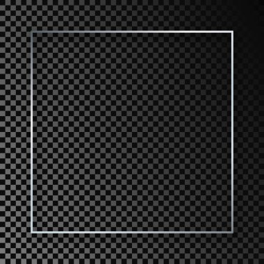 Koyu şeffaf arka planda gölgesi olan gümüş parlayan kare çerçeve. Parlak efektli parlak bir çerçeve. Vektör illüstrasyonu