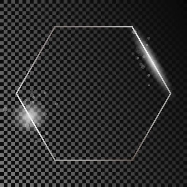 暗い透明な背景に隔離された輝きを持つ銀輝く六角形のフレーム 輝く効果を持つ光沢のあるフレーム ベクターイラスト — ストックベクタ
