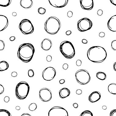 Kusursuz desenli, el çizimi, beyaz zemin üzerine çizilmiş karalama çemberleri. Soyut grunge dokusu. Vektör illüstrasyonu