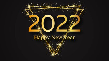 2022 Mutlu Yıllar. Noel tebrik kartı, broşür ya da posterler için altın renkli bir üçgen. Vektör illüstrasyonu