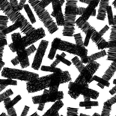 Beyaz arka planda soyut şekillerde siyah kalem fırça darbeleriyle kusursuz desen. Vektör illüstrasyonu