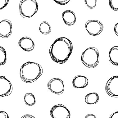 Kusursuz desenli, el çizimi, beyaz zemin üzerine çizilmiş karalama çemberleri. Soyut grunge dokusu. Vektör illüstrasyonu