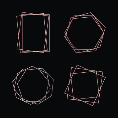 Dört adet gül sarısı geometrik poligonal çerçeve seti. Parlak efektler koyu arkaplanda izole edilmiş. Parlak sanat deco arkaplanı boş. Vektör illüstrasyonu