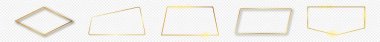 Şeffaf arkaplanda izole edilmiş, farklı geometrik şekillerde parlayan beş altın küme. Parlak efektli parlak bir çerçeve. Vektör illüstrasyonu