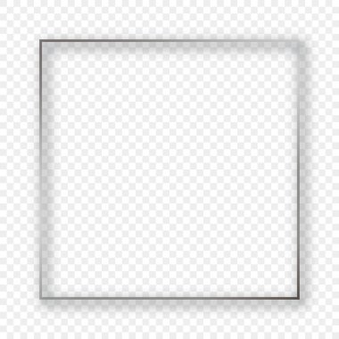 Şeffaf arkaplanda gölgesi olan gümüş parlayan kare çerçeve. Parlak efektli parlak bir çerçeve. Vektör illüstrasyonu.