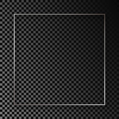 Koyu şeffaf arka planda gölgesi olan gümüş parlayan kare çerçeve. Parlak efektli parlak bir çerçeve. Vektör illüstrasyonu