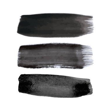 Siyah grunge fırça darbeleri. Üç adet boyalı mürekkep şeridi. Mürekkep lekesi beyaz arkaplanda izole edilmiş. Vektör illüstrasyonu