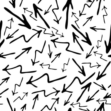 Kusursuz desenli, siyah elli, beyaz arka planda çizilmiş oklar. Soyut grunge dokusu. Vektör illüstrasyonu